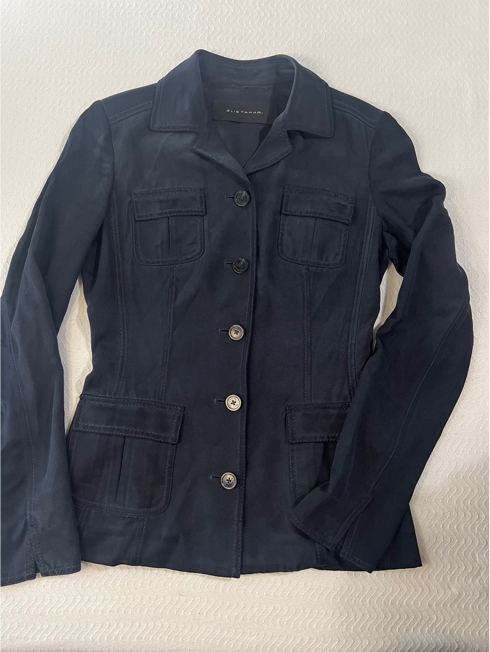 Elie Tahari Vintage Y2K 100% Silk Safari Utility Blazer Jacket Navy Blue Sz 4 S